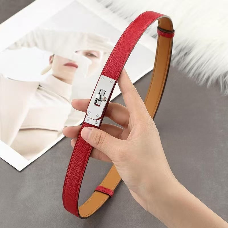 Women's Genuine Leather Skinny Belt with Gold Harness Buckle