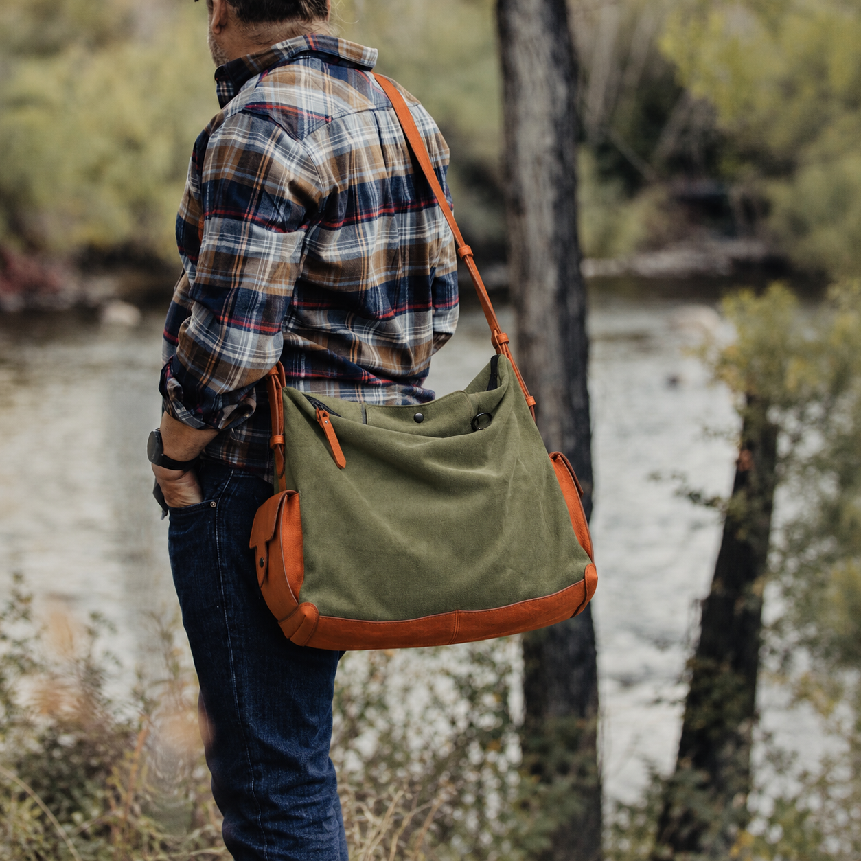 Olive Green Leather Pocket Crossbody Bag