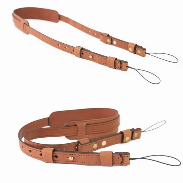Top‑grain leather stress‑relief camera strap