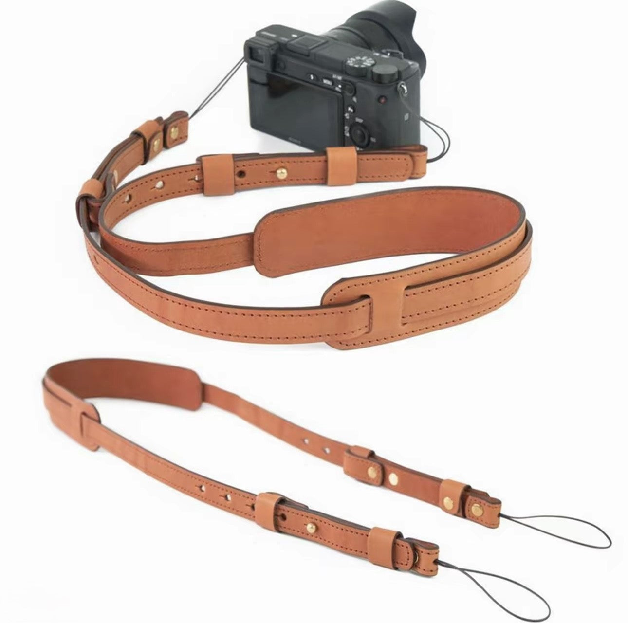 Top‑grain leather stress‑relief camera strap