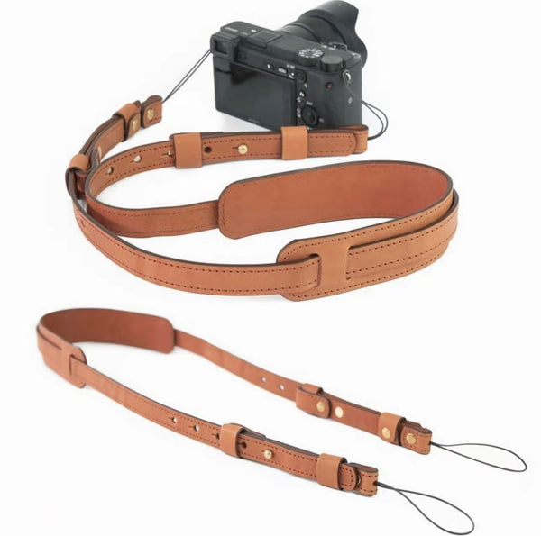 Top‑grain leather stress‑relief camera strap