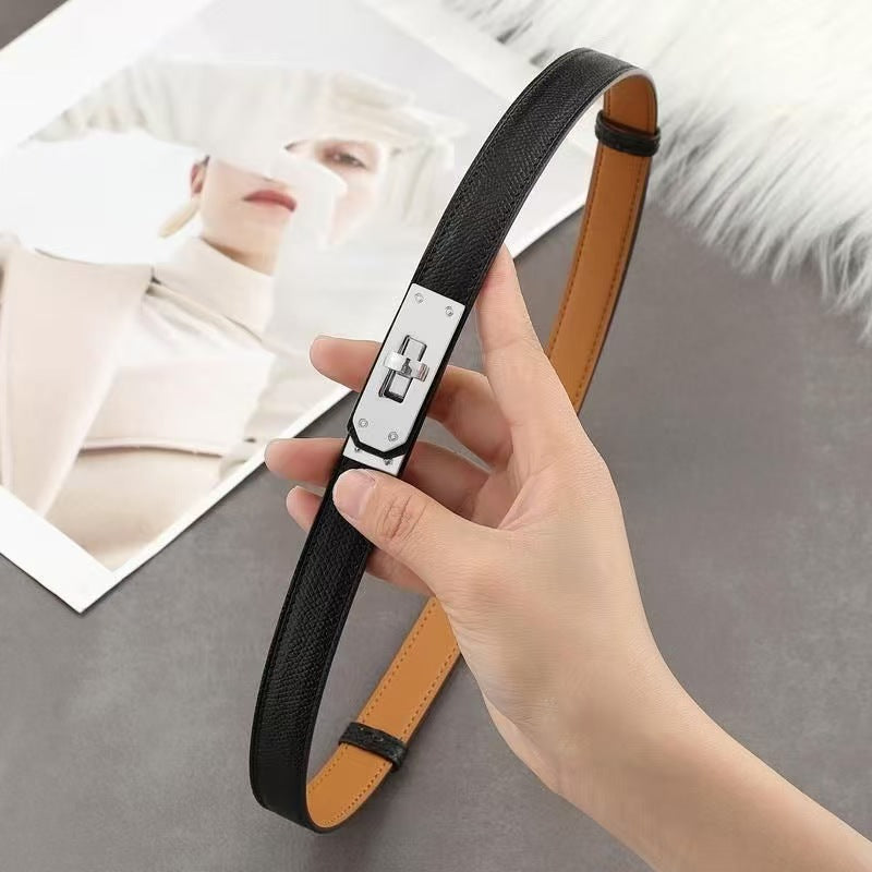 Women's Genuine Leather Skinny Belt with Gold Harness Buckle