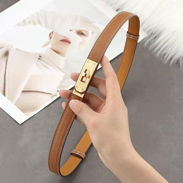 Women's Genuine Leather Skinny Belt with Gold Harness Buckle
