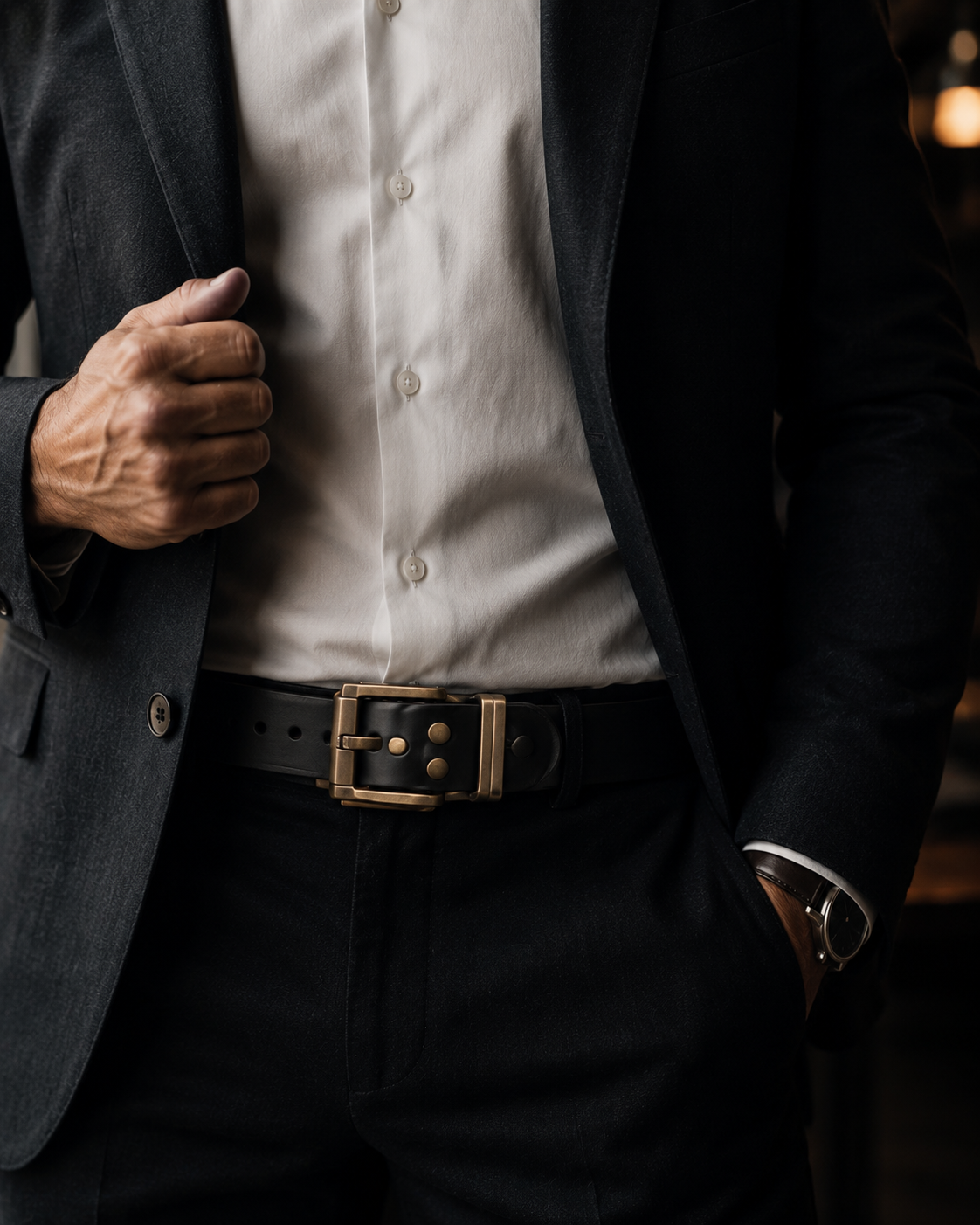Black waxed leather belt styled with indigo denim