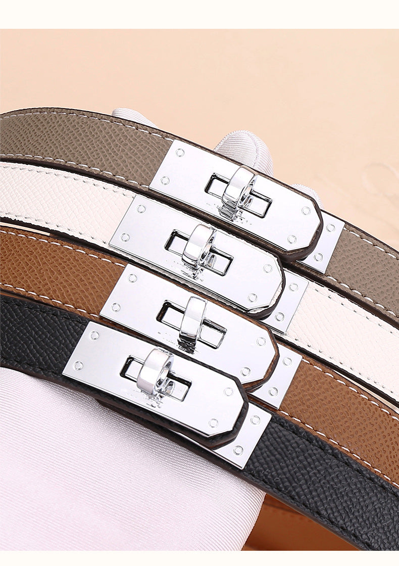 Women's Genuine Leather Skinny Belt with Gold Harness Buckle