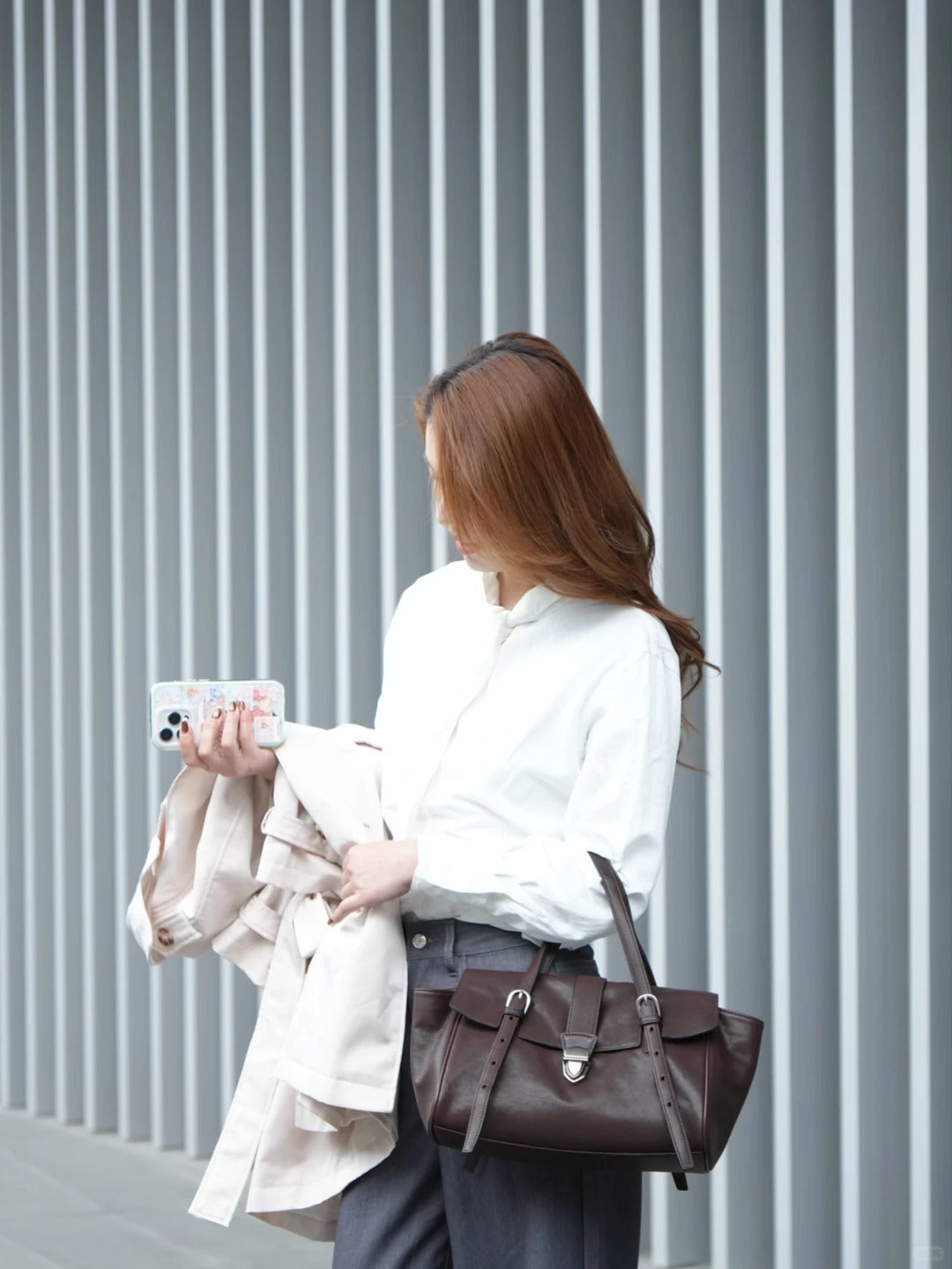 Genuine Leather Structured Satchel Bag