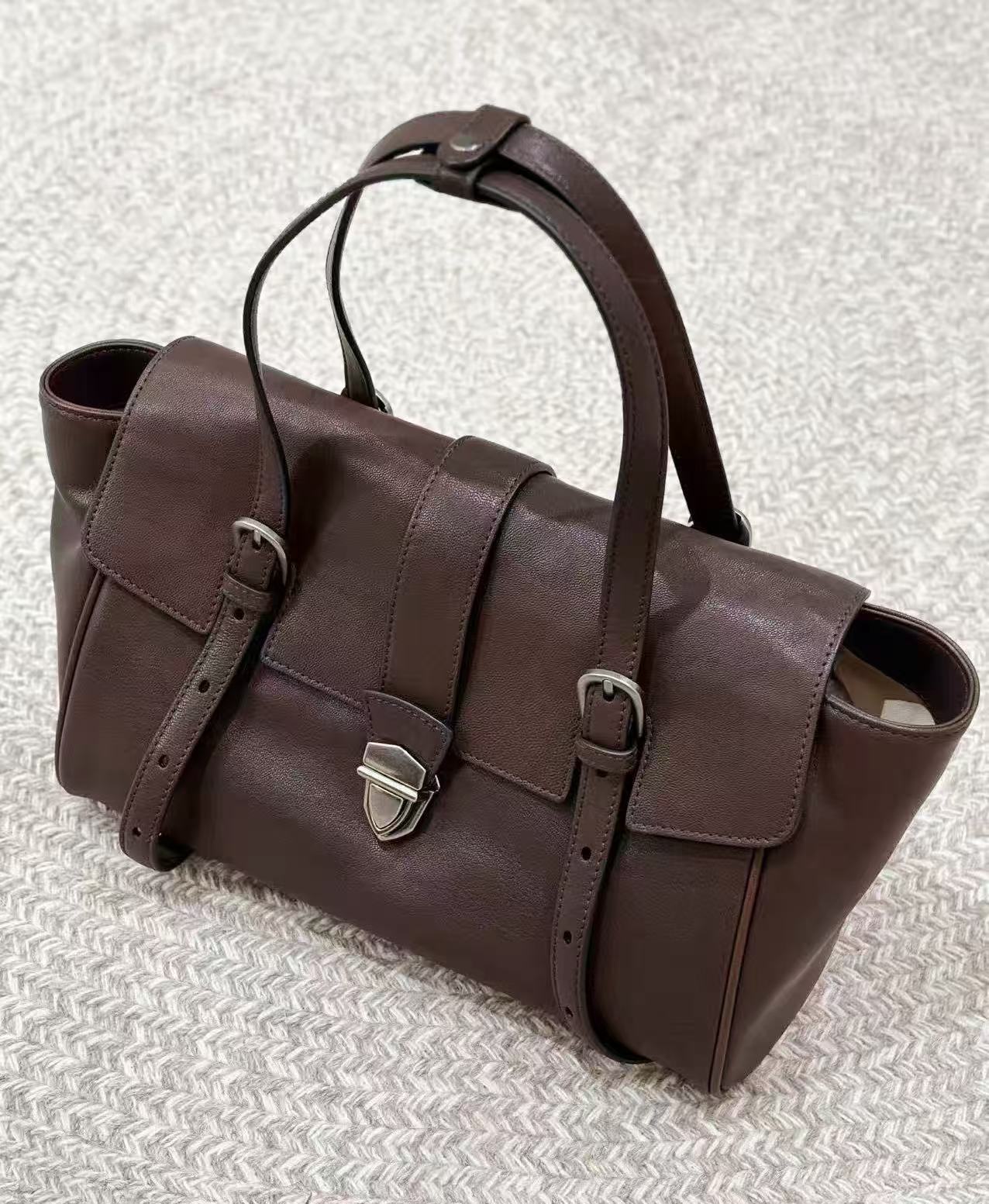 Genuine Leather Structured Satchel Bag