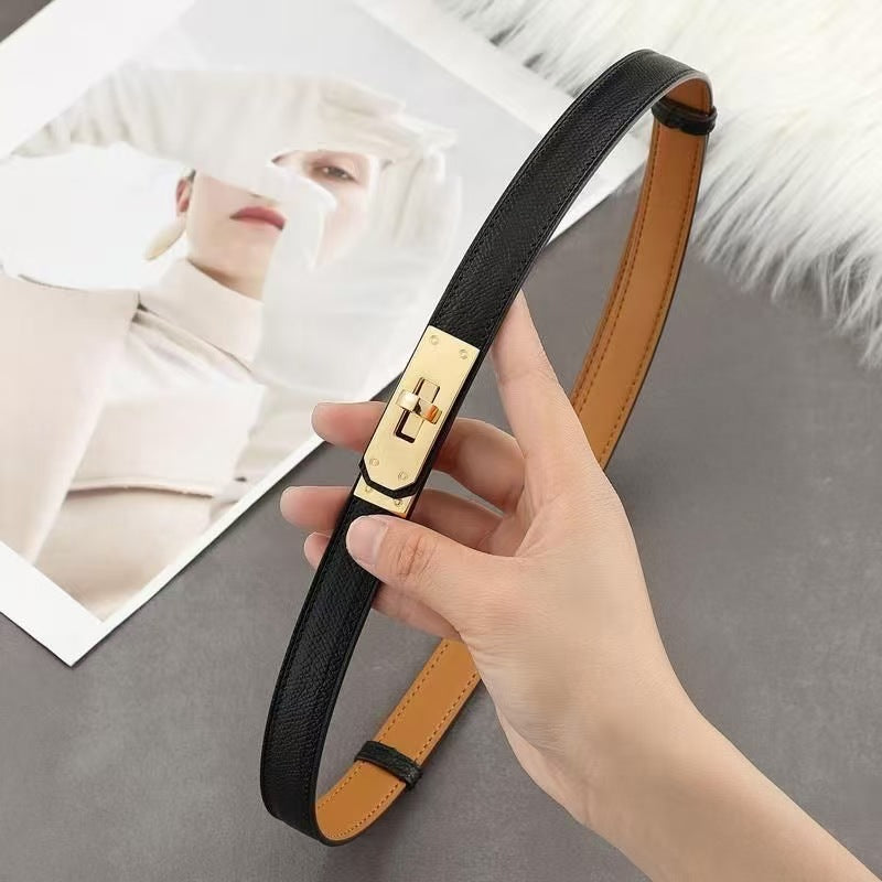 Women's Genuine Leather Skinny Belt with Gold Harness Buckle