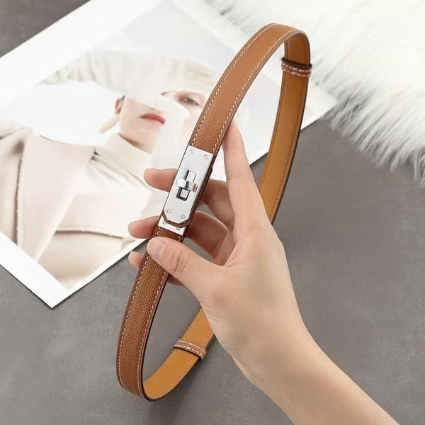 Women's Genuine Leather Skinny Belt with Gold Harness Buckle