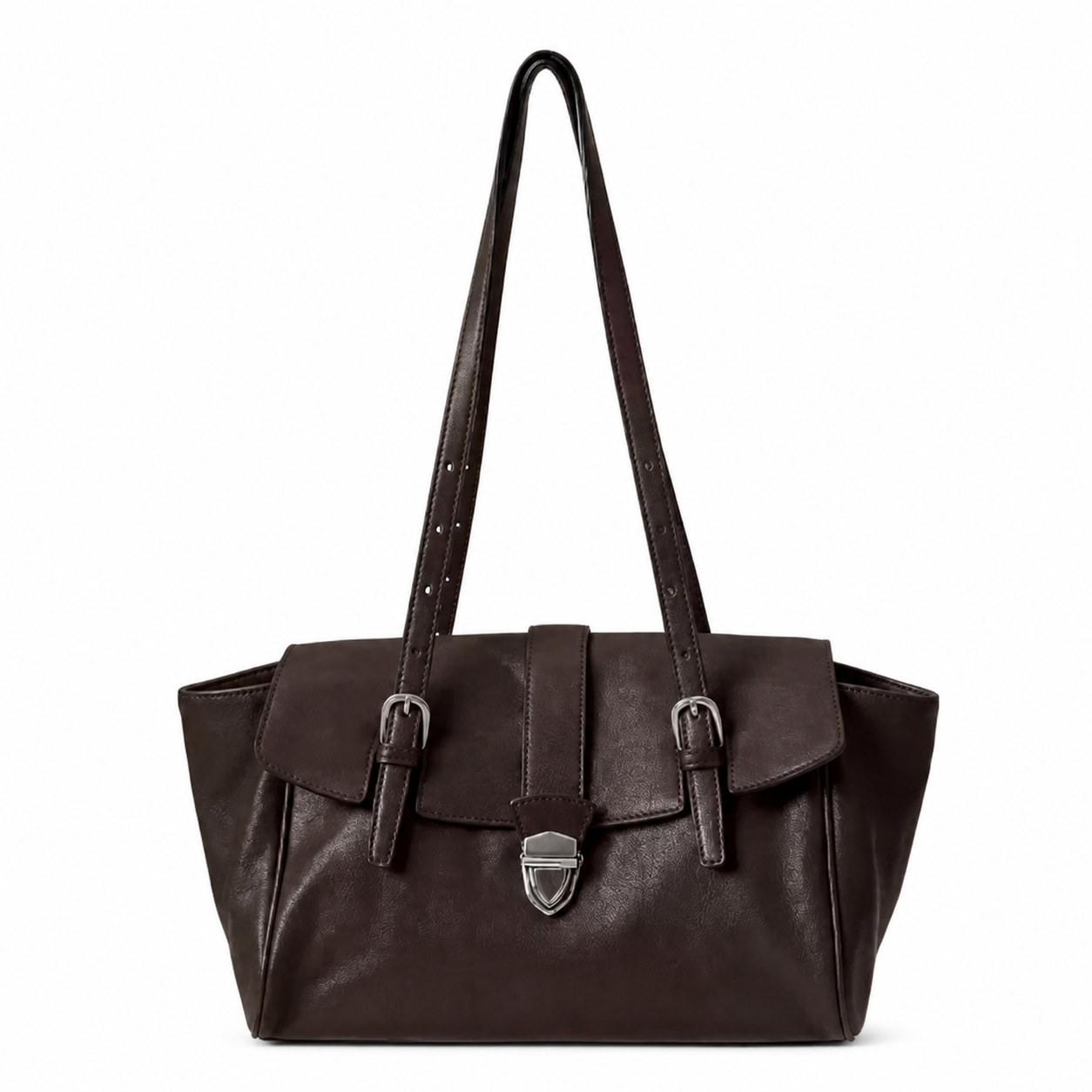 Coffee brown genuine leather structured satchel bag, front view
