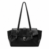 Black genuine leather structured satchel bag, front view