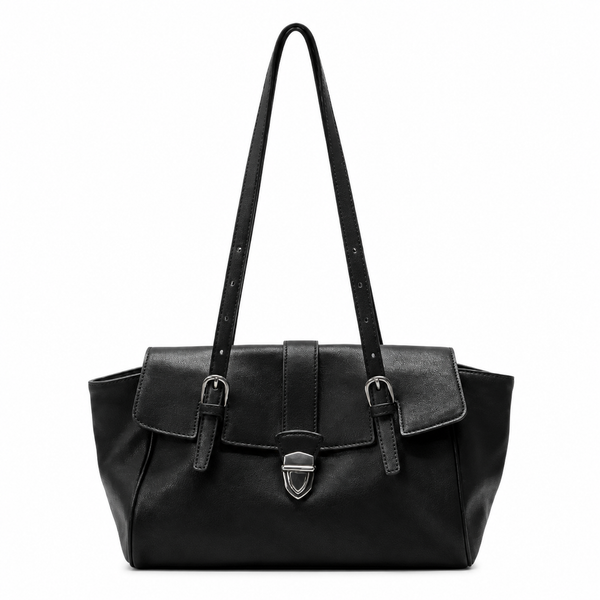 Black genuine leather structured satchel bag, front view