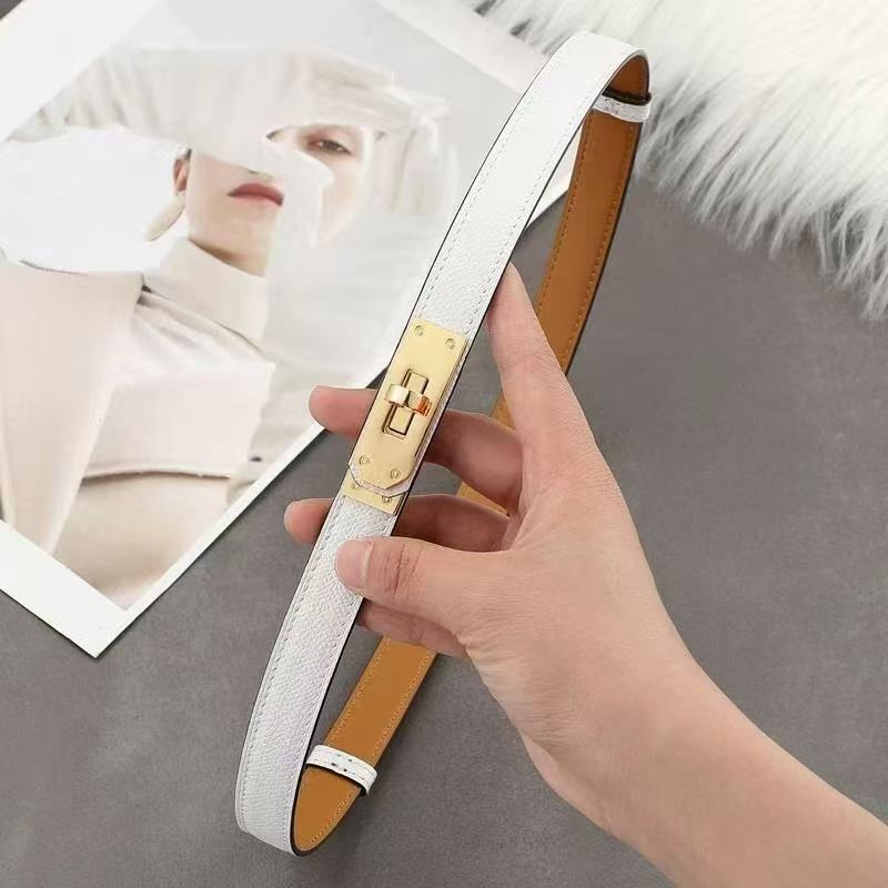 Women's Genuine Leather Skinny Belt with Gold Harness Buckle