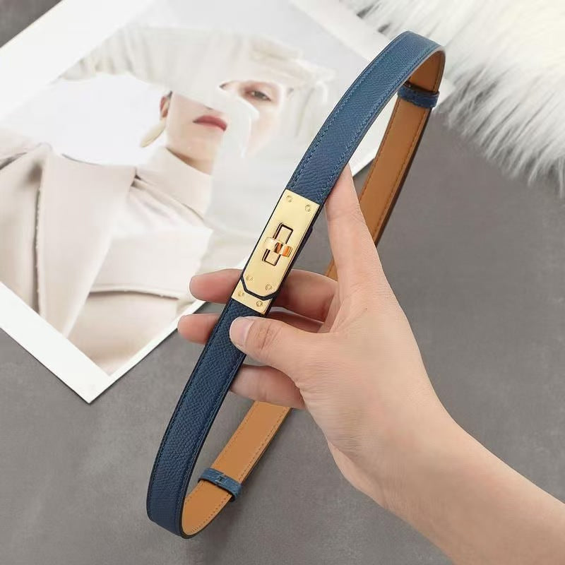 Women's Genuine Leather Skinny Belt with Gold Harness Buckle