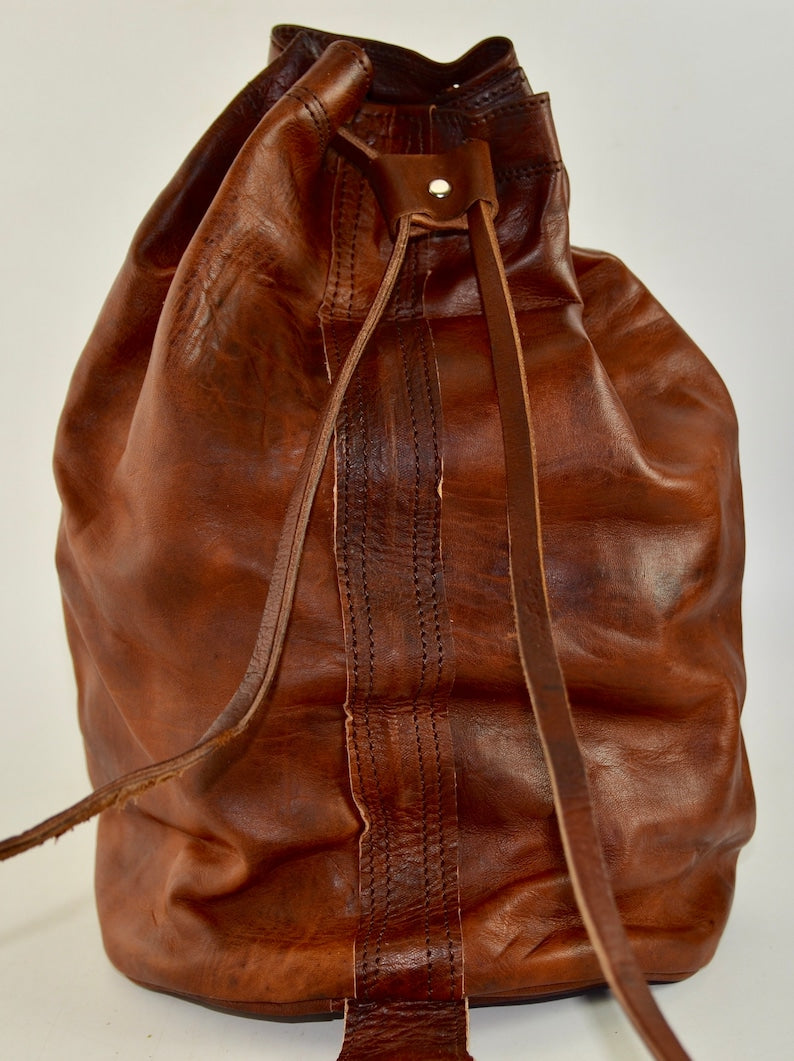 HANDMADE Leather Backpack Shoulder Bag, Moroccan Drawstring Bag, Duffel Bag, Gym Bag, Bucket Bag