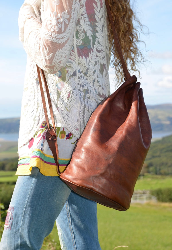 HANDMADE Leather Backpack Shoulder Bag, Moroccan Drawstring Bag, Duffel Bag, Gym Bag, Bucket Bag