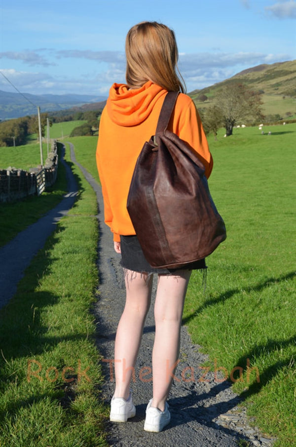 HANDMADE Leather Backpack Shoulder Bag, Moroccan Drawstring Bag, Duffel Bag, Gym Bag, Bucket Bag