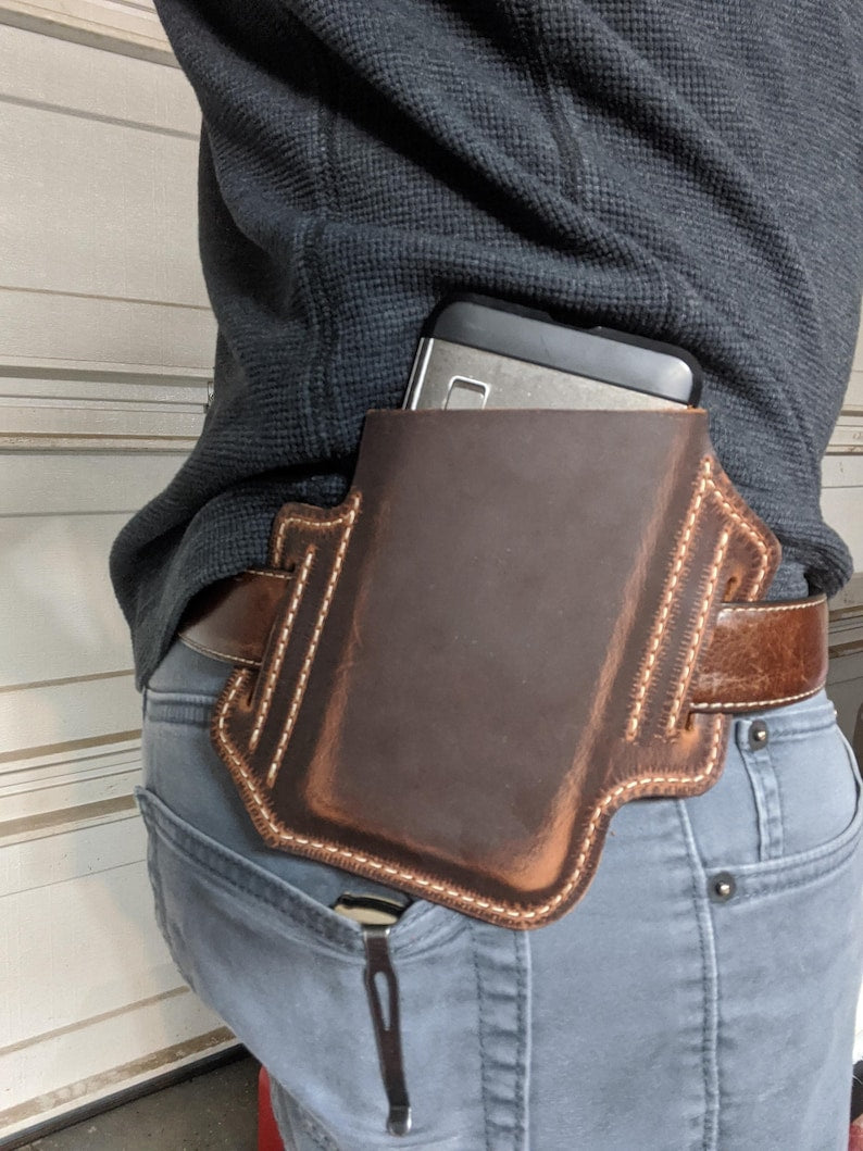 Slanted Leather Phone Holster, Leather phone case with belt loops, Pixel Samsung Kyocera iphone holster