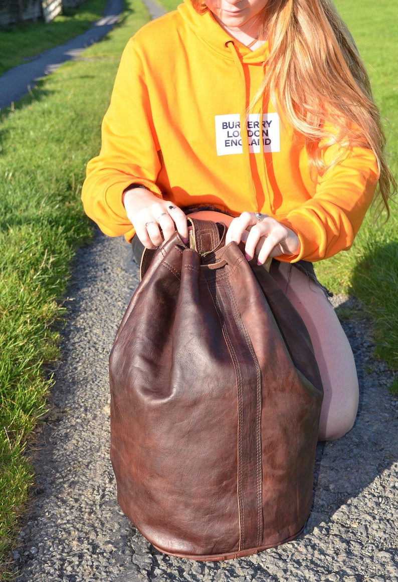 HANDMADE Leather Backpack Shoulder Bag, Moroccan Drawstring Bag, Duffel Bag, Gym Bag, Bucket Bag