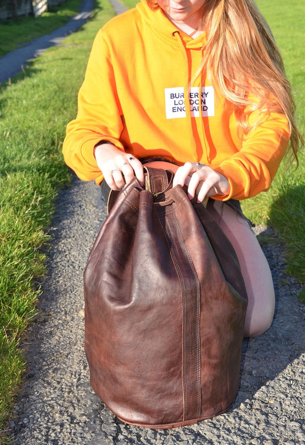 HANDMADE Leather Backpack Shoulder Bag, Moroccan Drawstring Bag, Duffel Bag, Gym Bag, Bucket Bag