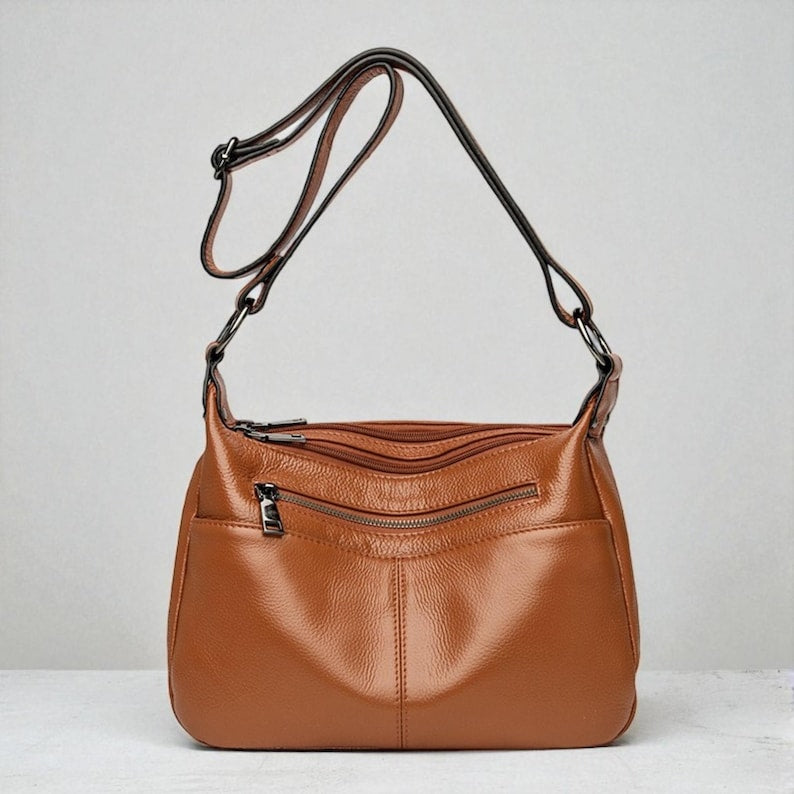 Women's Genuine Cowhide Leather Bag: Ladies Classic Leather Shoulder Bag