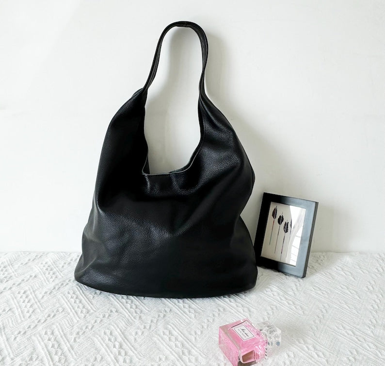 Soft Real Leather Hobo Bag, Slouchy Tote Shoulder Bag, Fits 13'' Laptop