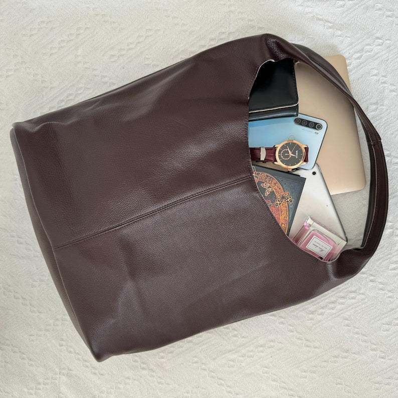 Soft Real Leather Hobo Bag, Slouchy Tote Shoulder Bag, Fits 13'' Laptop