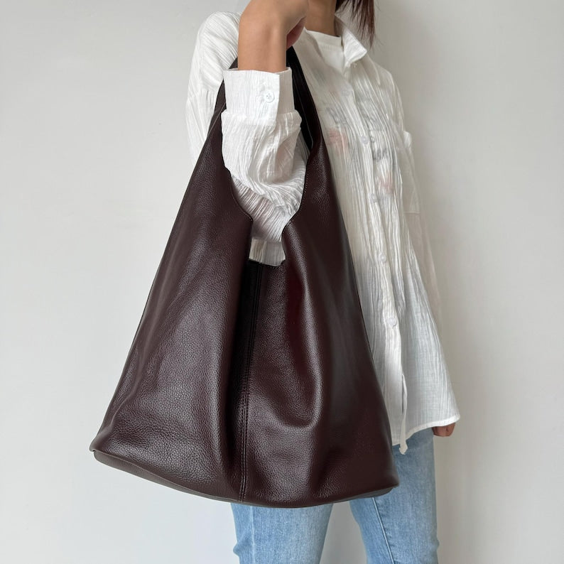 Soft Real Leather Hobo Bag, Slouchy Tote Shoulder Bag, Fits 13'' Laptop