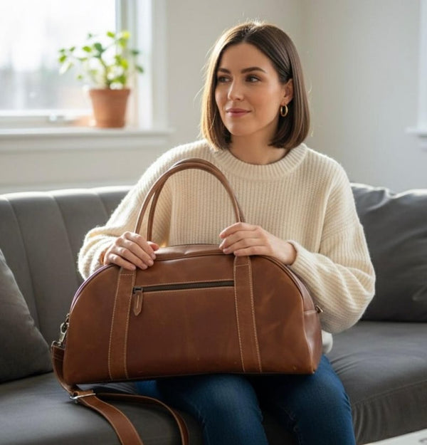 Leather Travel Duffel Bag – Women’s Weekender Tote with Shoulder strap