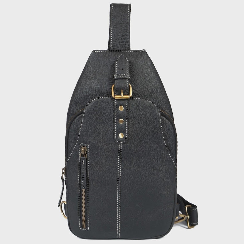 Full Grain Leather Sling Bag – Vintage Crossbody Backpack, Unisex Travel Shoulder Bag