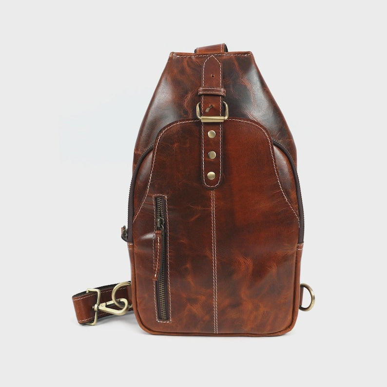 Full Grain Leather Sling Bag – Vintage Crossbody Backpack, Unisex Travel Shoulder Bag