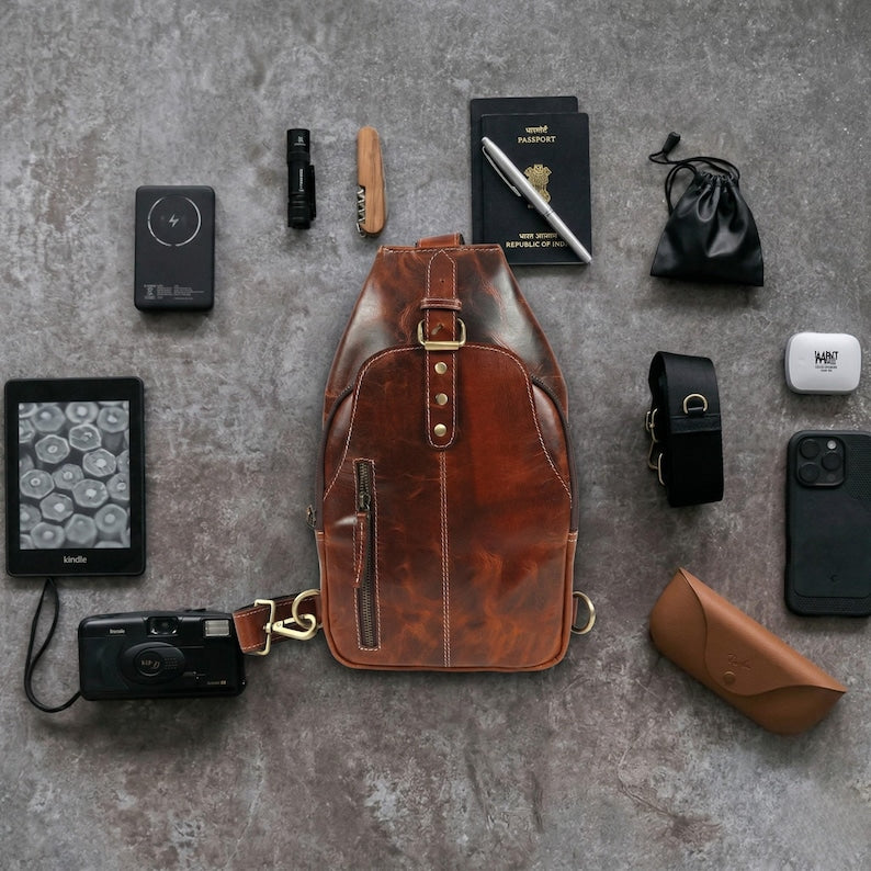 Full Grain Leather Sling Bag – Vintage Crossbody Backpack, Unisex Travel Shoulder Bag