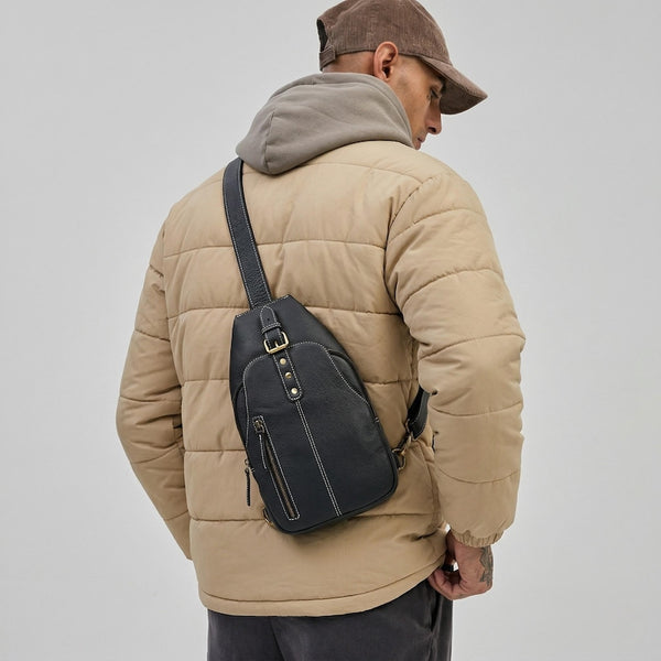 Full Grain Leather Sling Bag – Vintage Crossbody Backpack, Unisex Travel Shoulder Bag