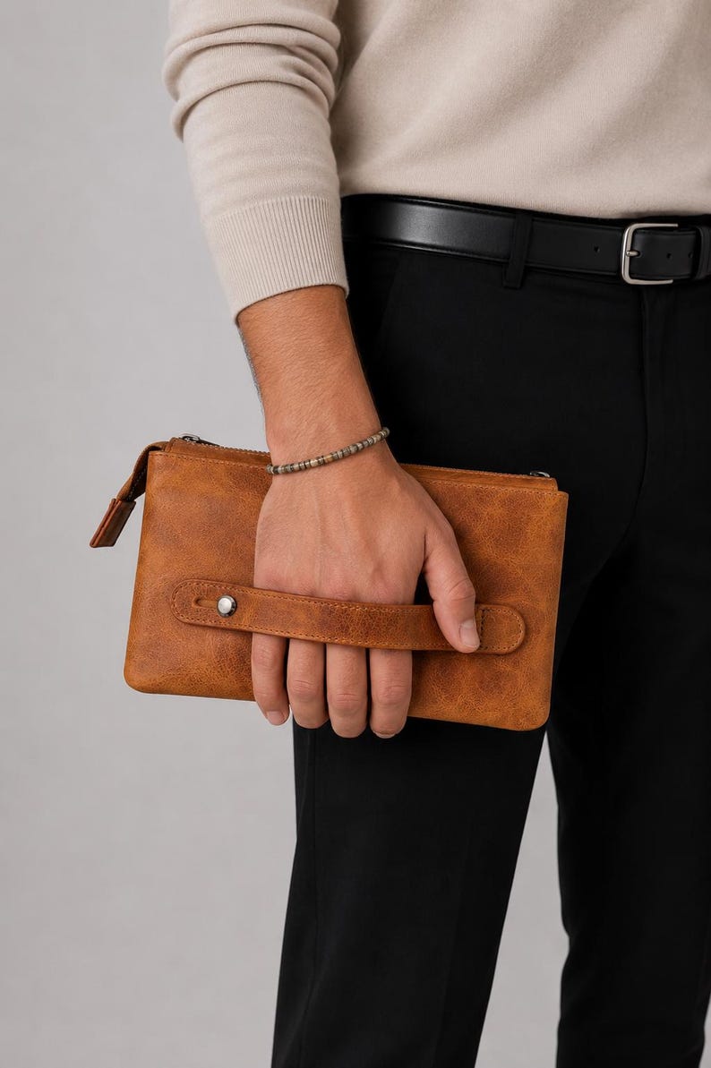 Genuine Leather Handbag, Leather Travel Clutch Bag, Leather Pouch, Toiletry Bag, Clutch Purse for Men and Women
