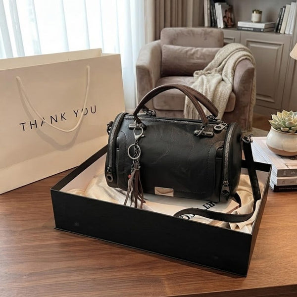 Vintage Style Barrel Crossbody Bag with Tassel Detail – Casual Leather Handbag for Women, Rustic Shoulder Purse, Everyday Tote Timeless Gift
