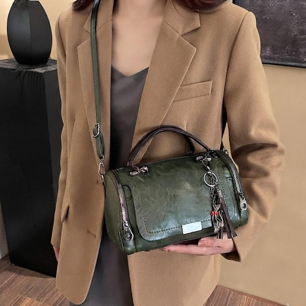 Vintage Style Barrel Crossbody Bag with Tassel Detail – Casual Leather Handbag for Women, Rustic Shoulder Purse, Everyday Tote Timeless Gift