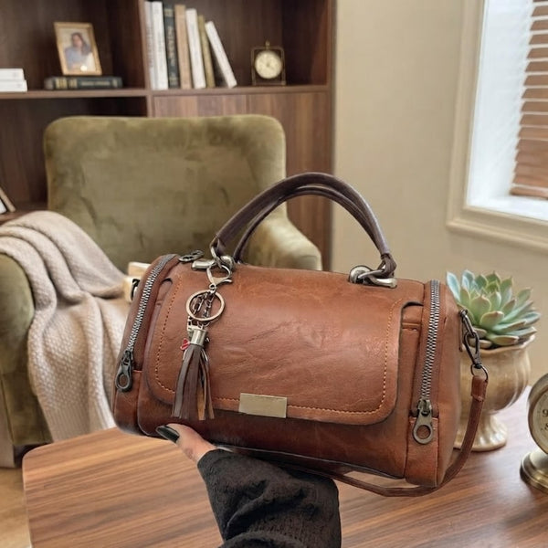 Vintage Style Barrel Crossbody Bag with Tassel Detail – Casual Leather Handbag for Women, Rustic Shoulder Purse, Everyday Tote Timeless Gift