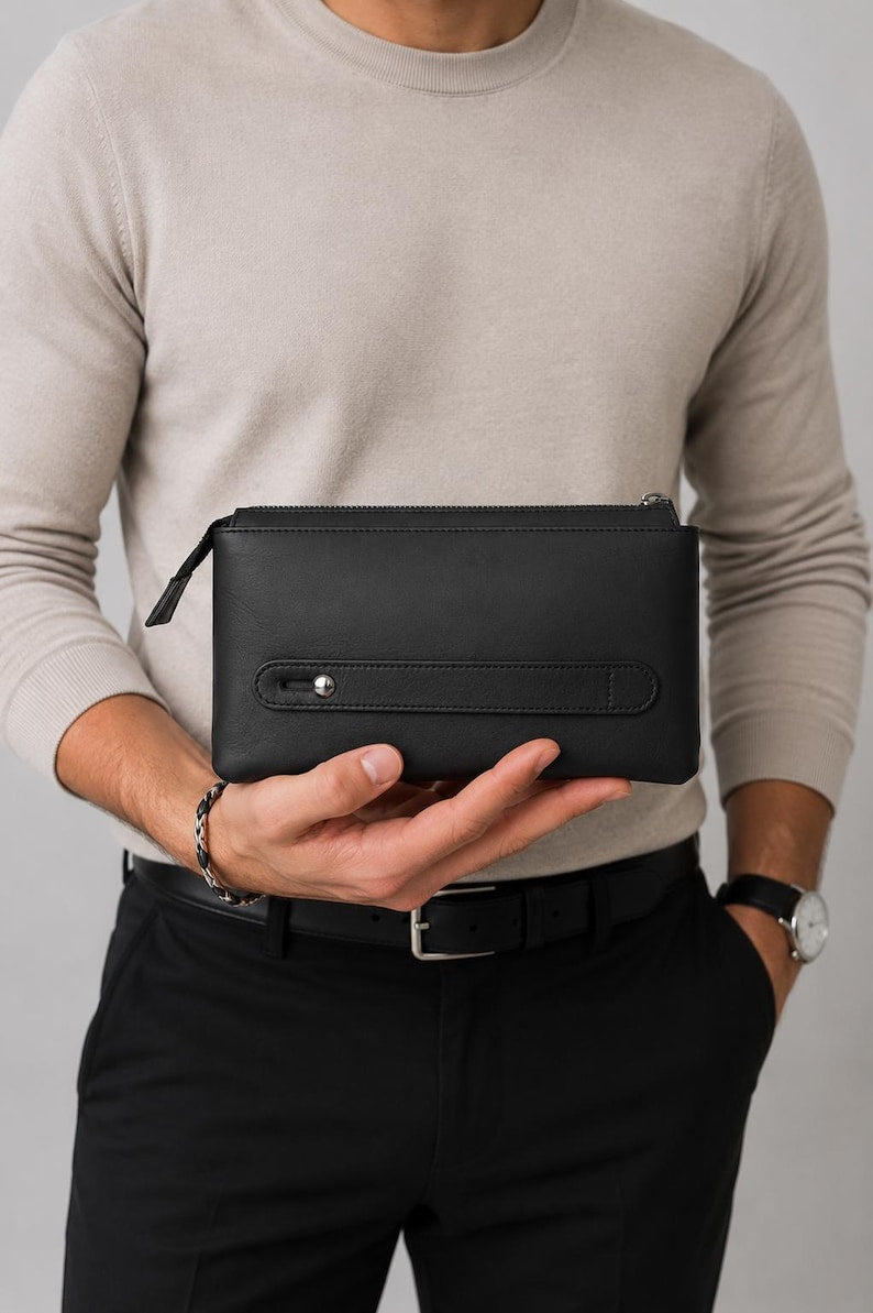 Genuine Leather Handbag, Leather Travel Clutch Bag, Leather Pouch, Toiletry Bag, Clutch Purse for Men and Women