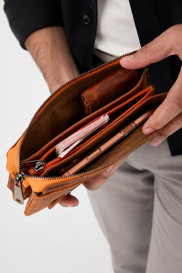 Genuine Leather Handbag, Leather Travel Clutch Bag, Leather Pouch, Toiletry Bag, Clutch Purse for Men and Women