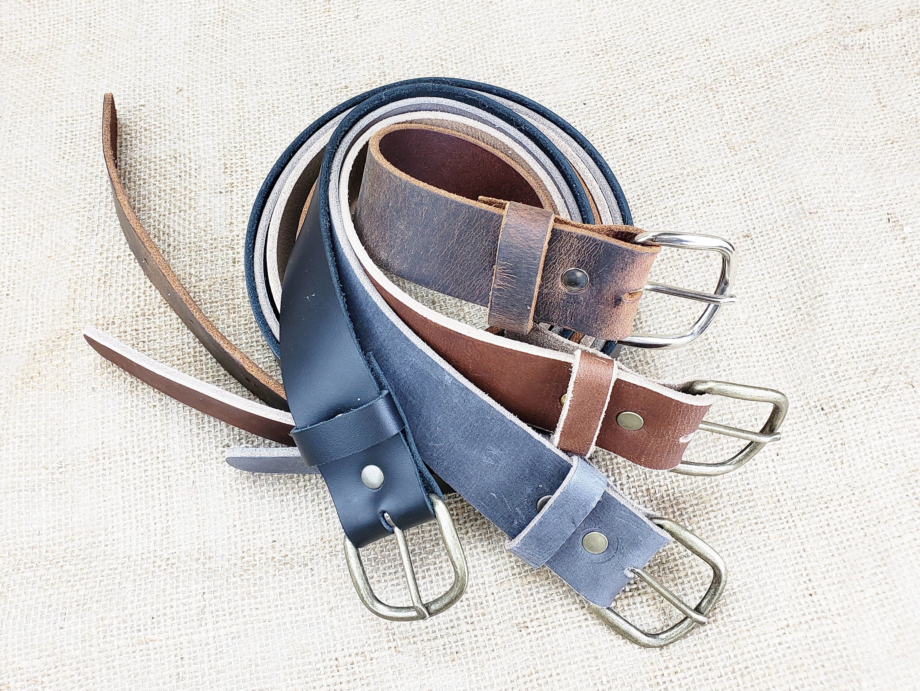 Plain Leather Belt - Distressed Leather Belt with Brass Hardware - Simple Rugged Men Gift for Guys