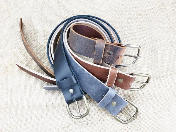 Plain Leather Belt - Distressed Leather Belt with Brass Hardware - Simple Rugged Men Gift for Guys