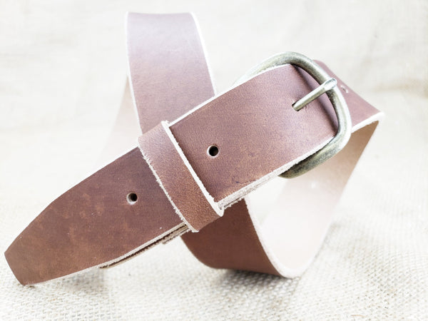 Plain Leather Belt - Distressed Leather Belt with Brass Hardware - Simple Rugged Men Gift for Guys