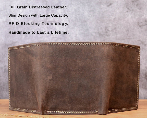 Personalized Full Grain Leather Mens Trifold Wallet: Initials and Inside Engraving