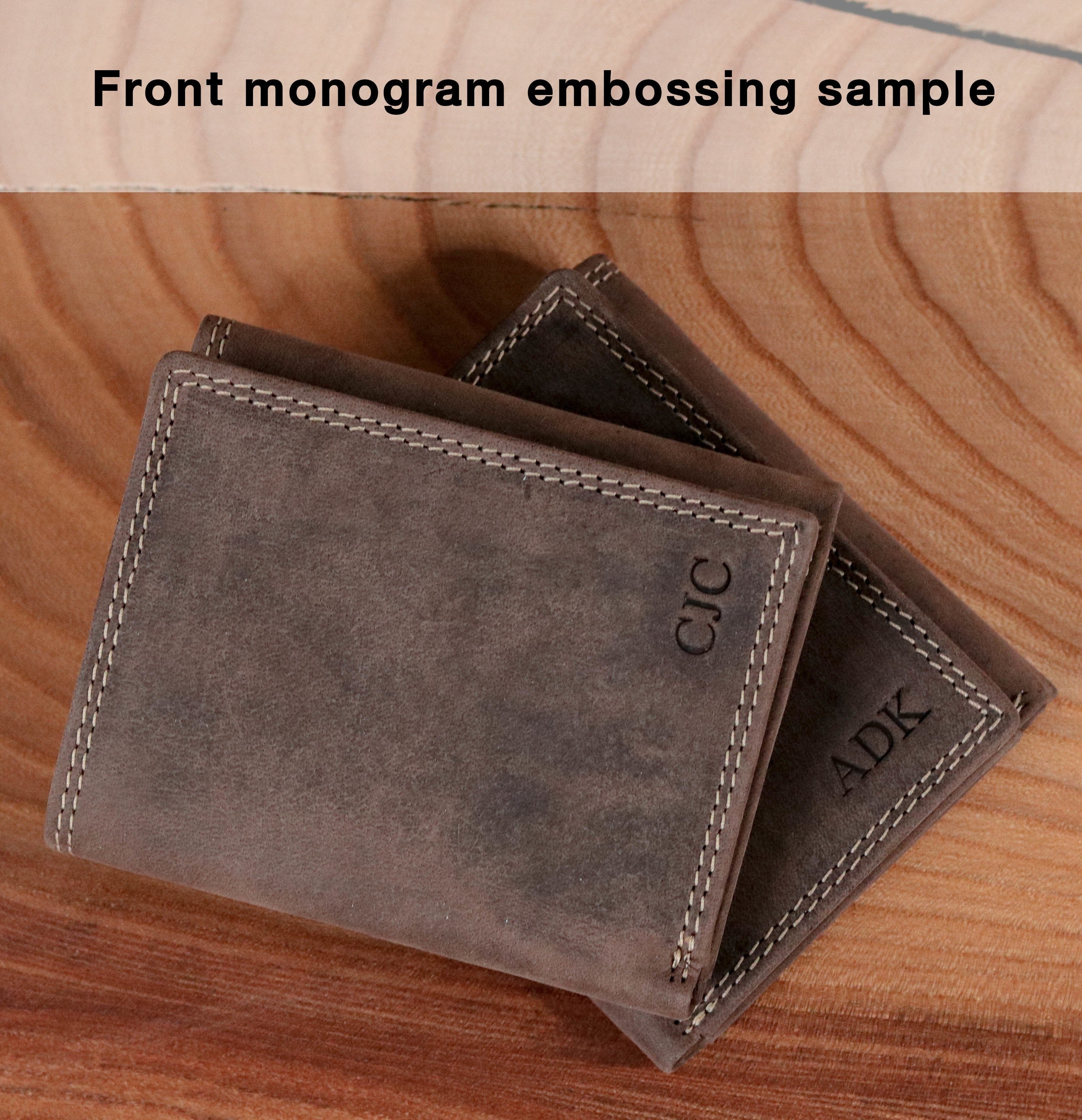 Personalized Full Grain Leather Mens Trifold Wallet: Initials and Inside Engraving