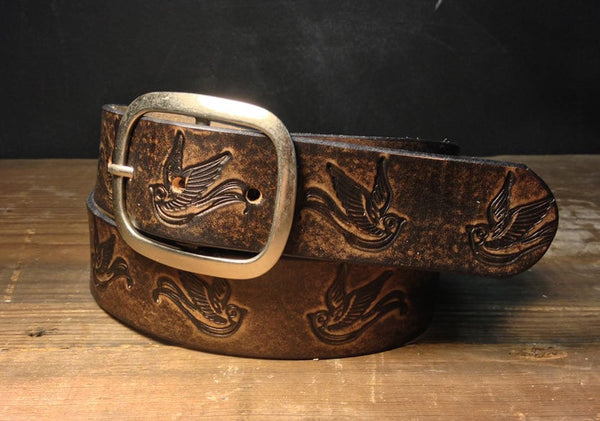 Sparrow Distressed Leather Belt | Handmade Full Grain Leather Western Belt | Vintage Bird Embossed Snap Belt