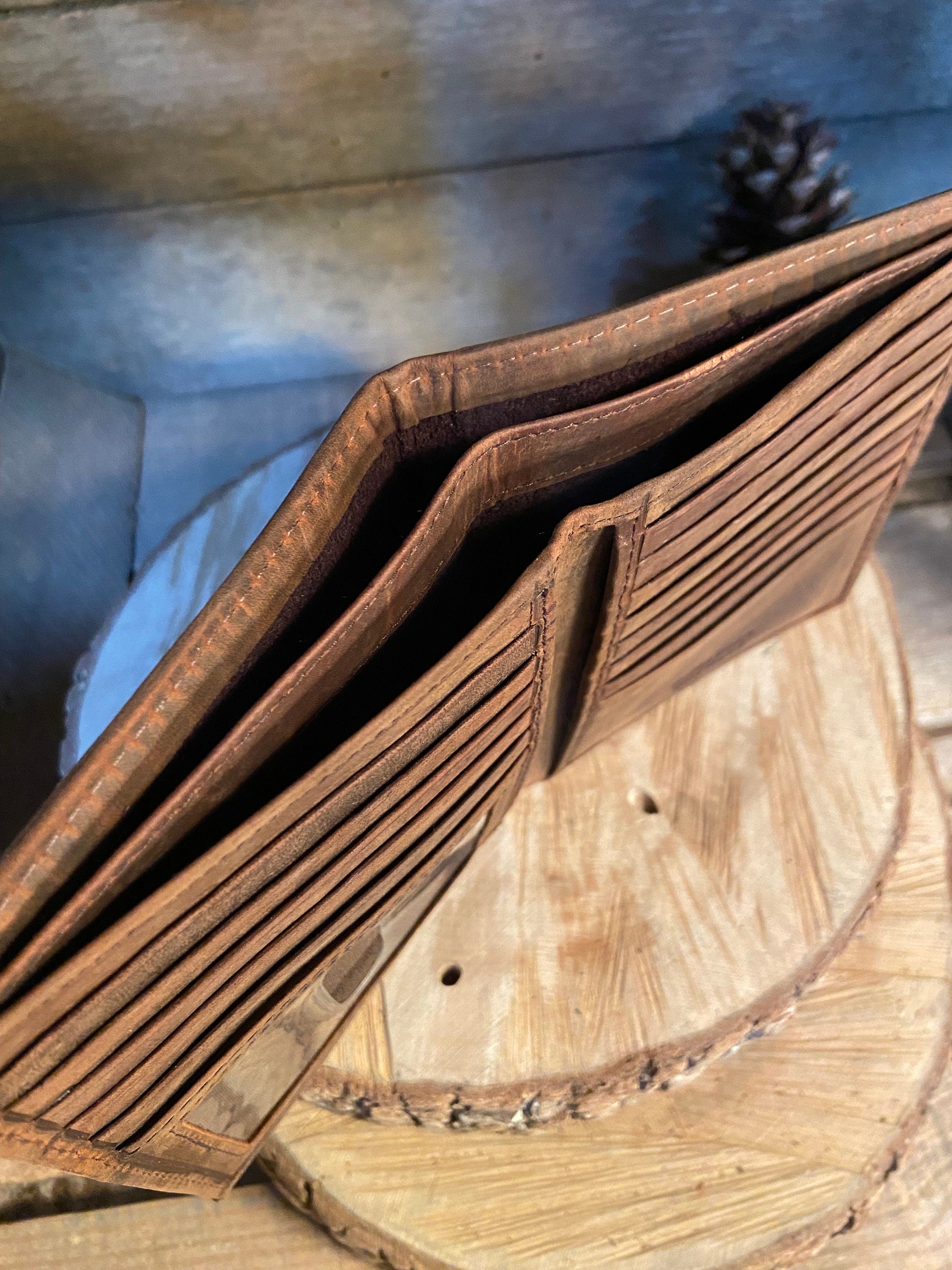 Leather Wallet XLarge Bilfold : Rustic Oiled-Tanned, Extra Card Space Personalized