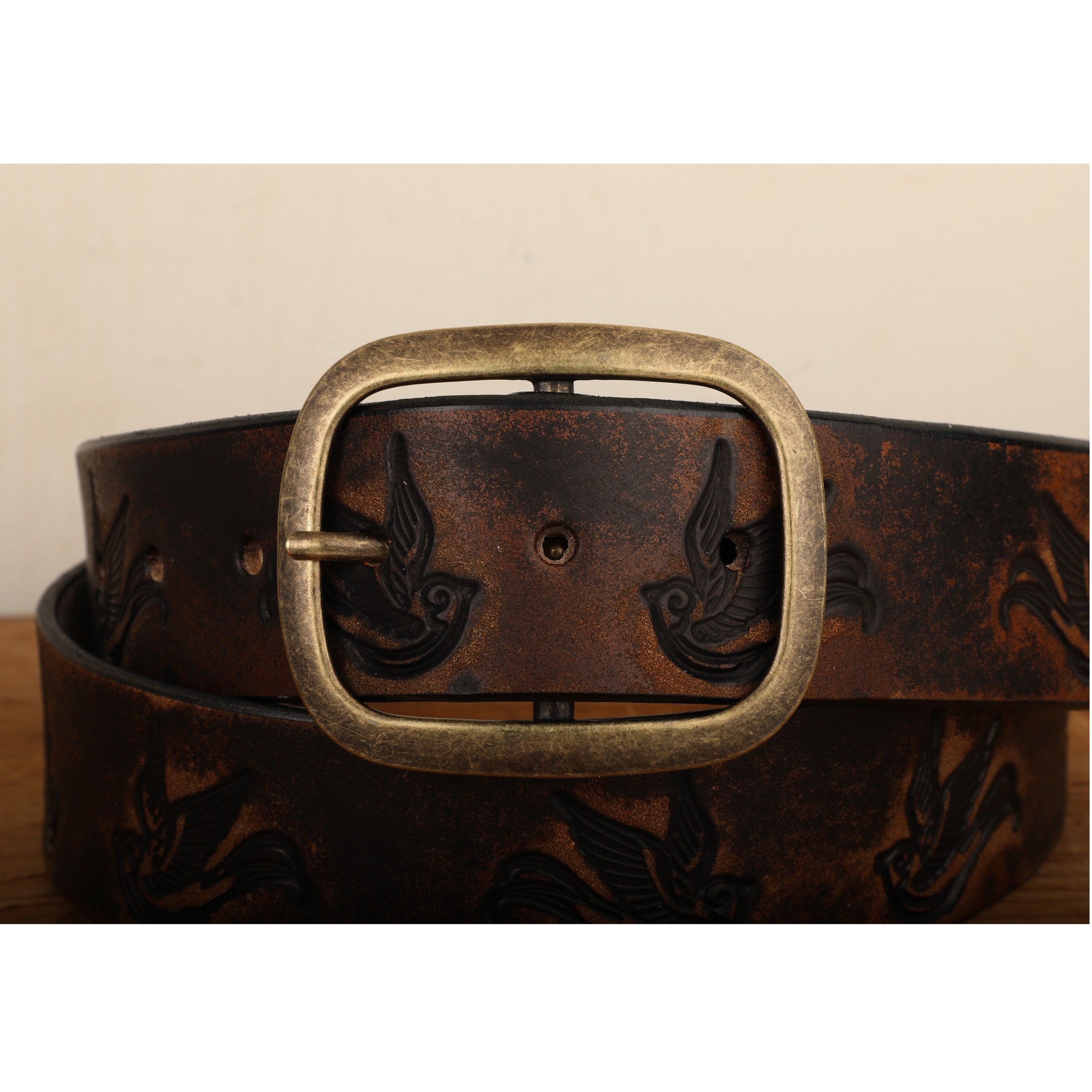 Sparrow Distressed Leather Belt | Handmade Full Grain Leather Western Belt | Vintage Bird Embossed Snap Belt