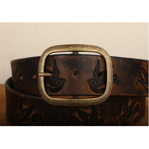 Sparrow Distressed Leather Belt | Handmade Full Grain Leather Western Belt | Vintage Bird Embossed Snap Belt