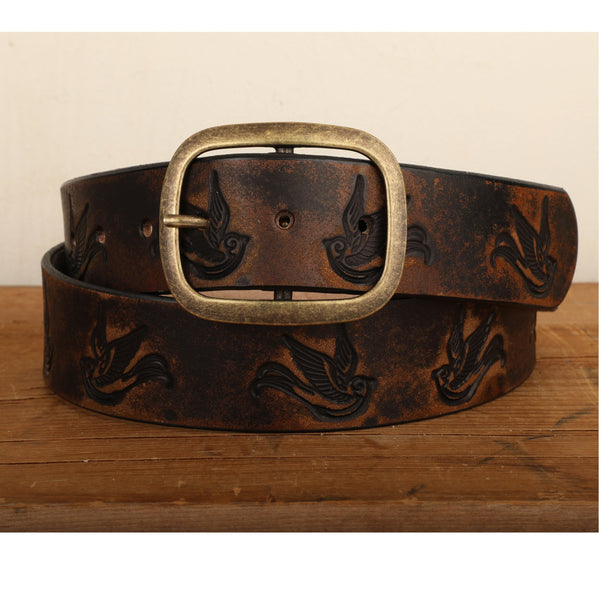 Sparrow Distressed Leather Belt | Handmade Full Grain Leather Western Belt | Vintage Bird Embossed Snap Belt