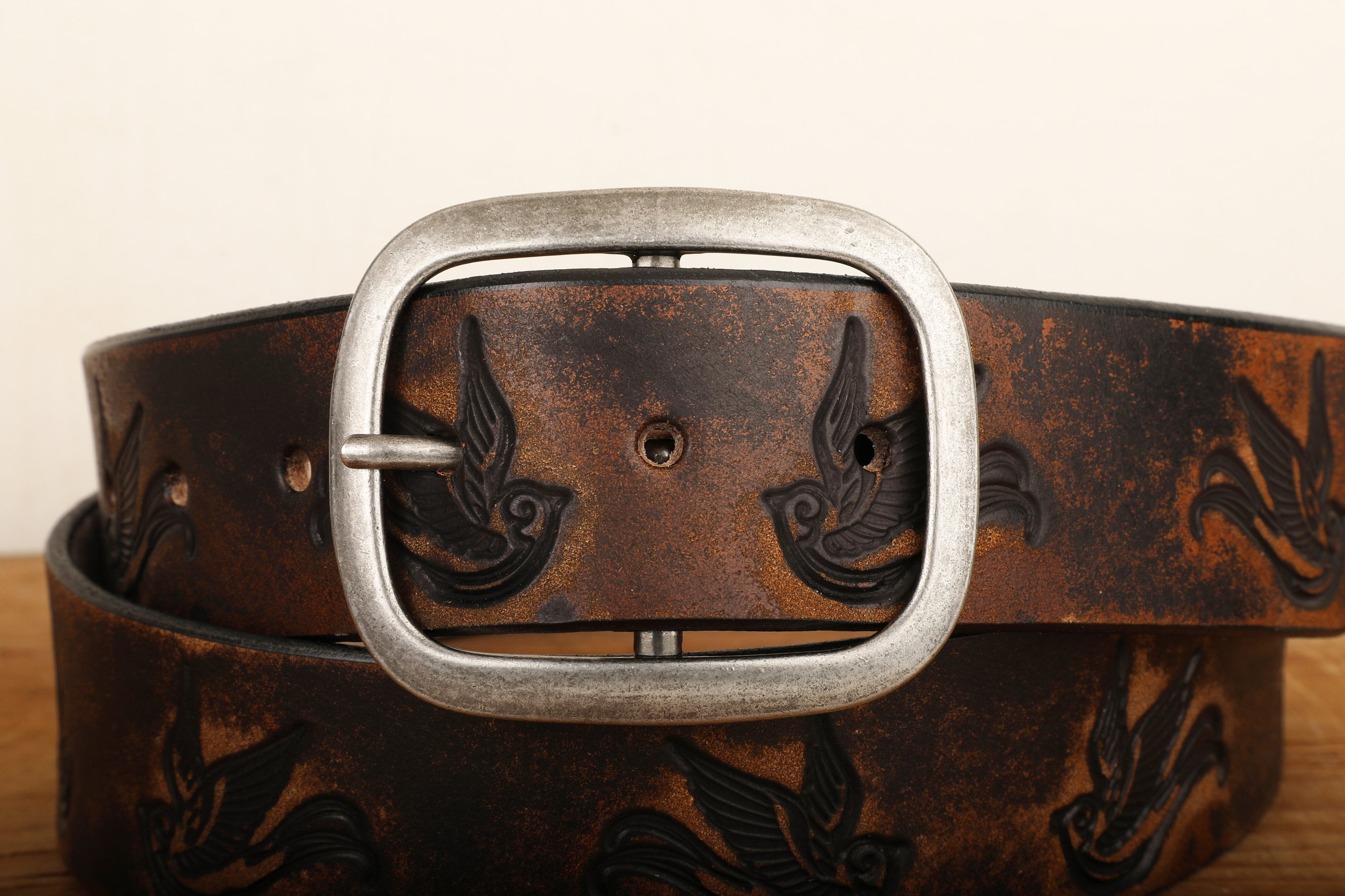 Sparrow Distressed Leather Belt | Handmade Full Grain Leather Western Belt | Vintage Bird Embossed Snap Belt